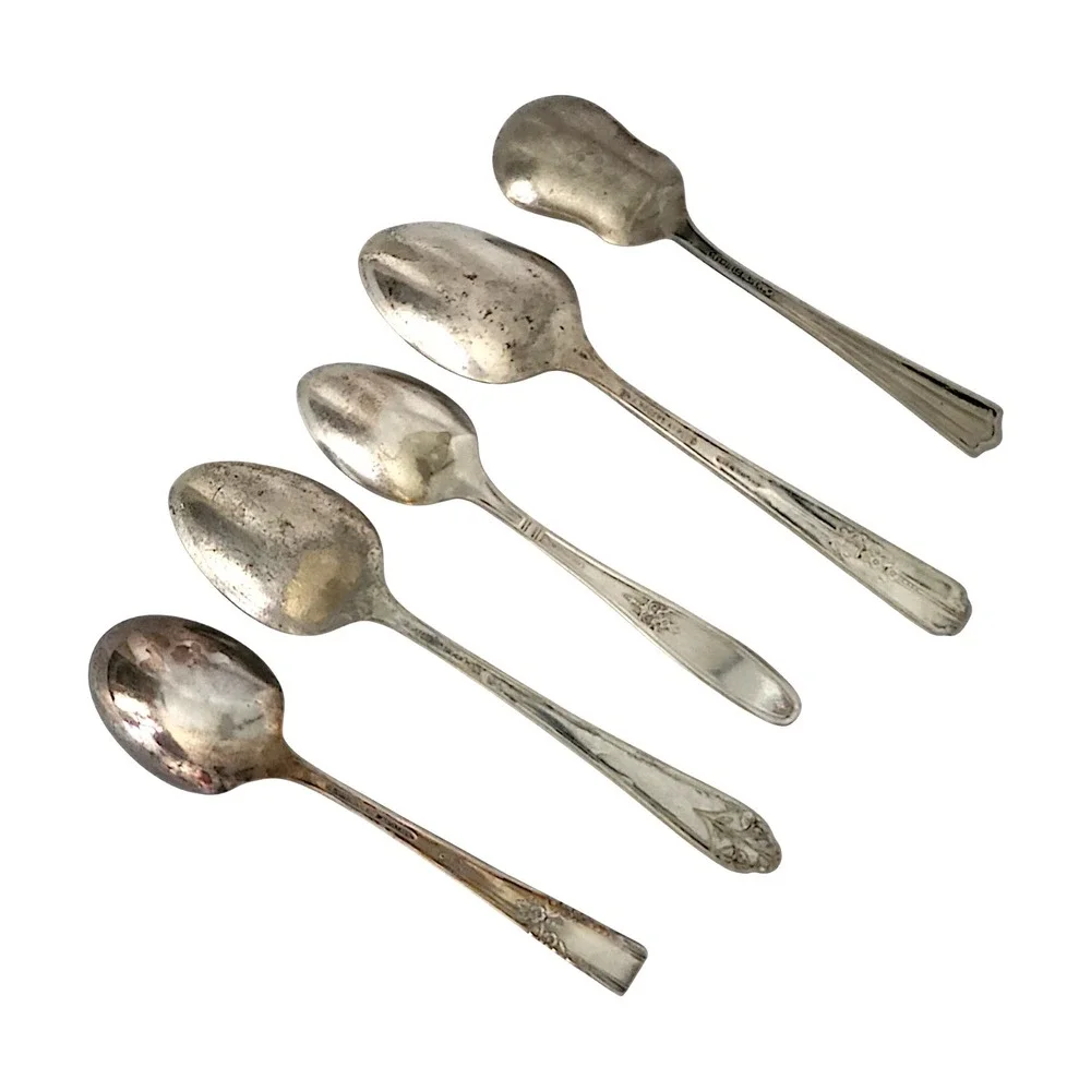 Vintage Mismatched Silverplate Spoons, Teaspoon, Sugar Spoon, etc., 5 pcs.
